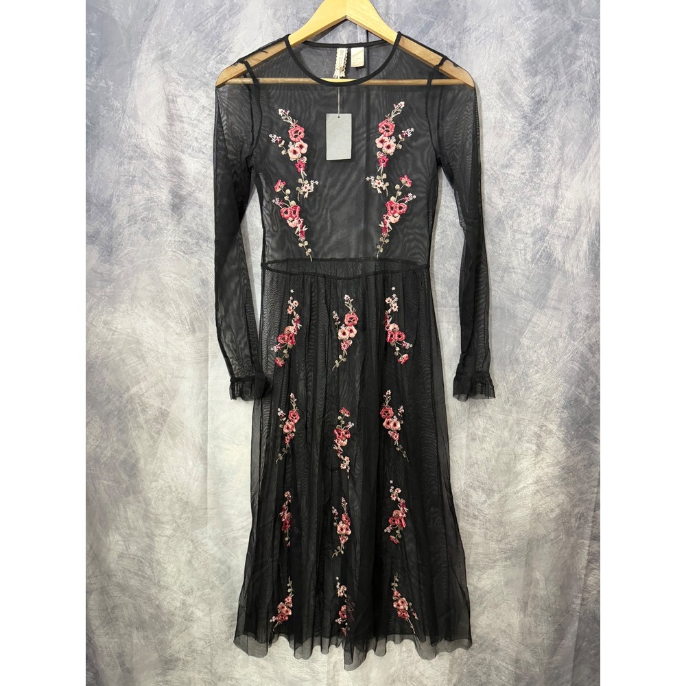 Black Sheer Mesh Floral‎ Embroidered Coquette Long Sleeve Size 4 NWT Soft Girl